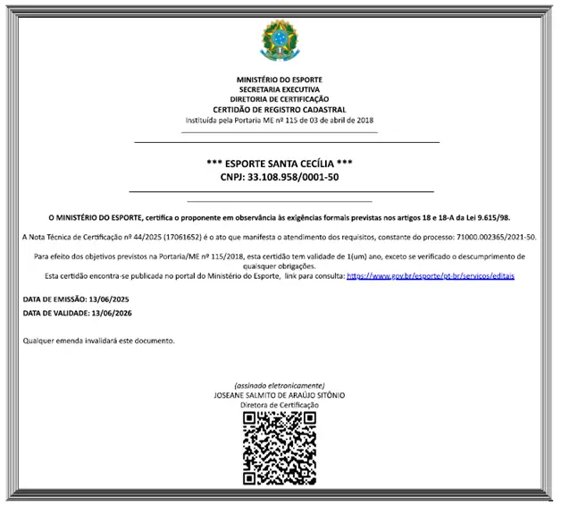 Certidão de Registro Cadastral - Esportes Santa Cecília